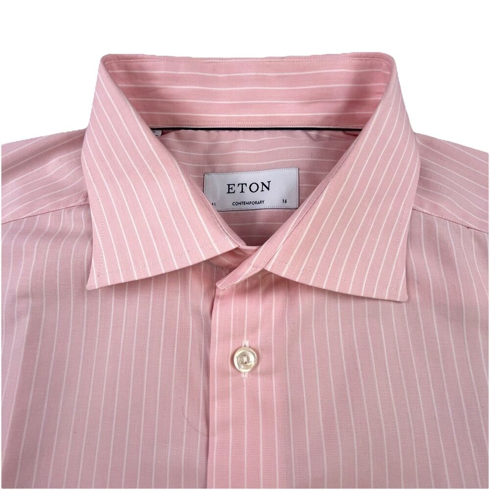 Eton Shirt Men L 16 41 Pink White Stripe Contemporary Fit Button Up